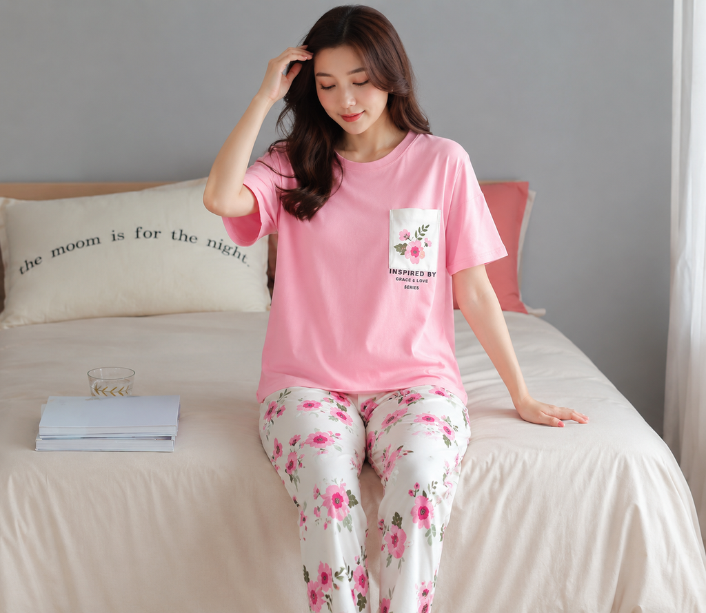 Pink Floral Trendy Cotton Jersey Pj Set
