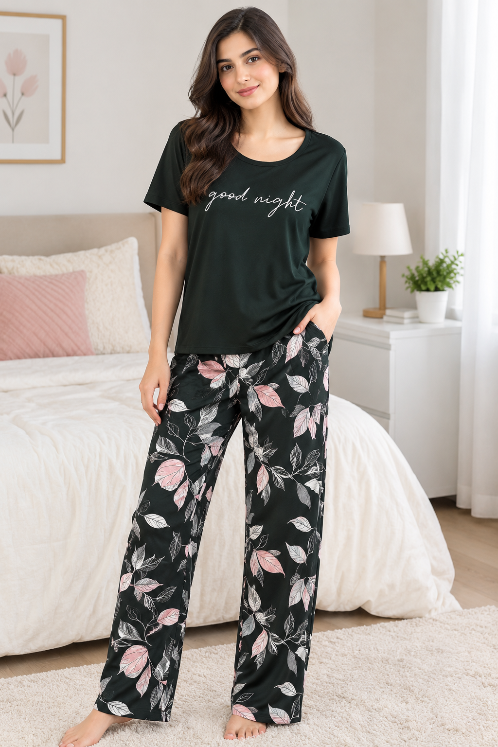 Black Good Night Trendy Cotton Jersey Pj Set