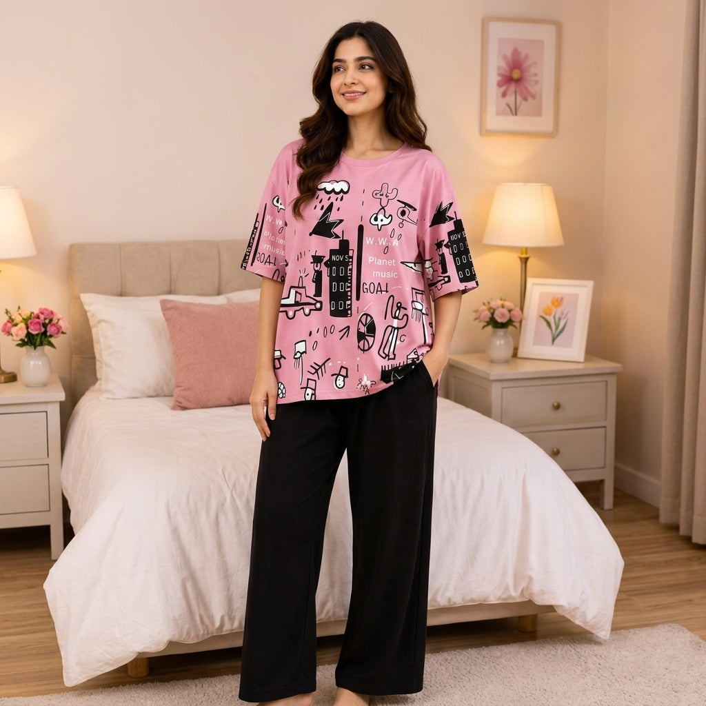 Pink Multi Trendy Cotton Jersey Pj Set
