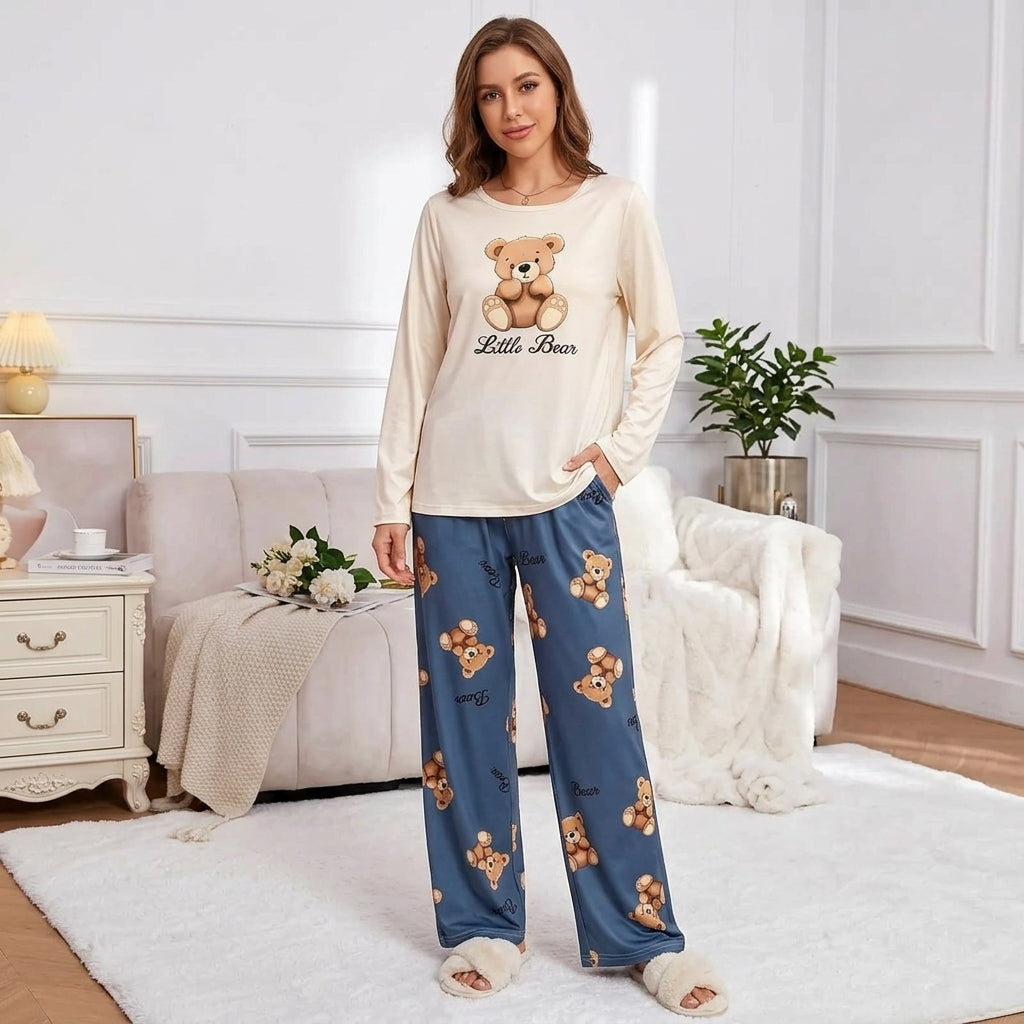 Cream-colored long-sleeve top with a teddy bear graphicTrendy Cotton Jersey Pj Set