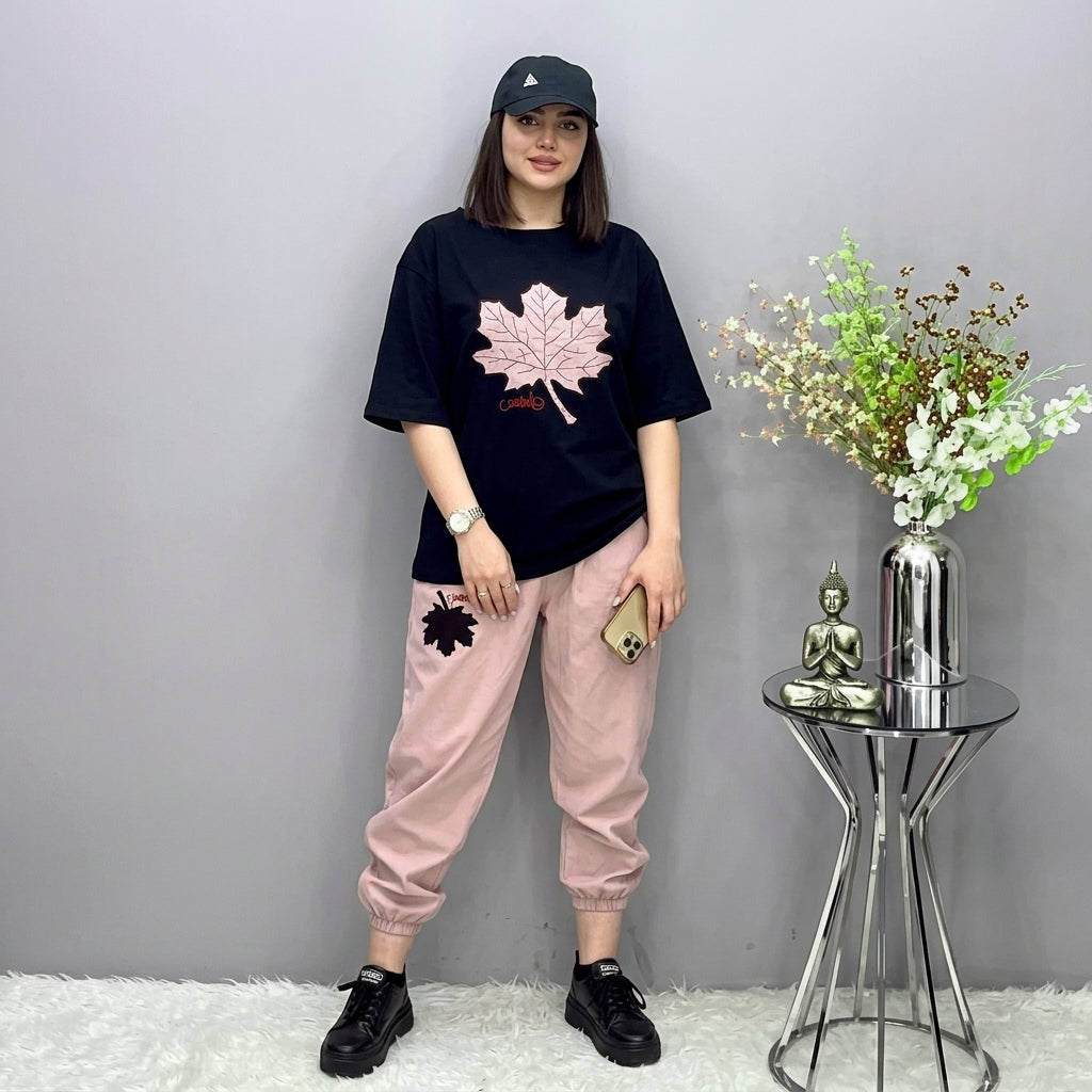 Pink Leaf Trendy Cotton Jersey Pj Set