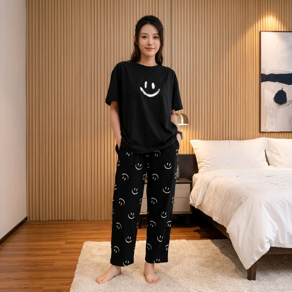 Black Smiley Trendy Cotton Jersey Pj Set