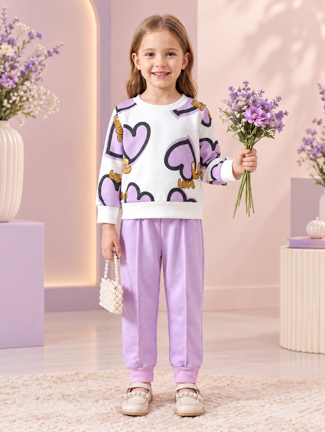 Lavender Heart Printed Winter Track Suit For Kids