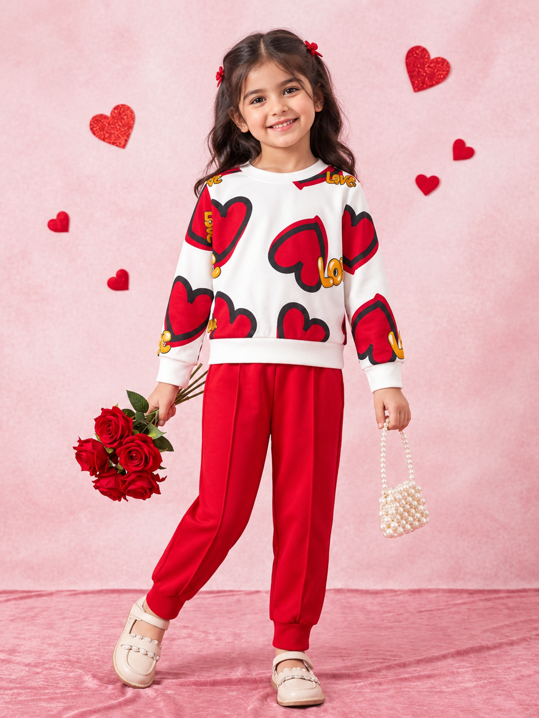 Red Heart Printed Winter Track Suit For Kids