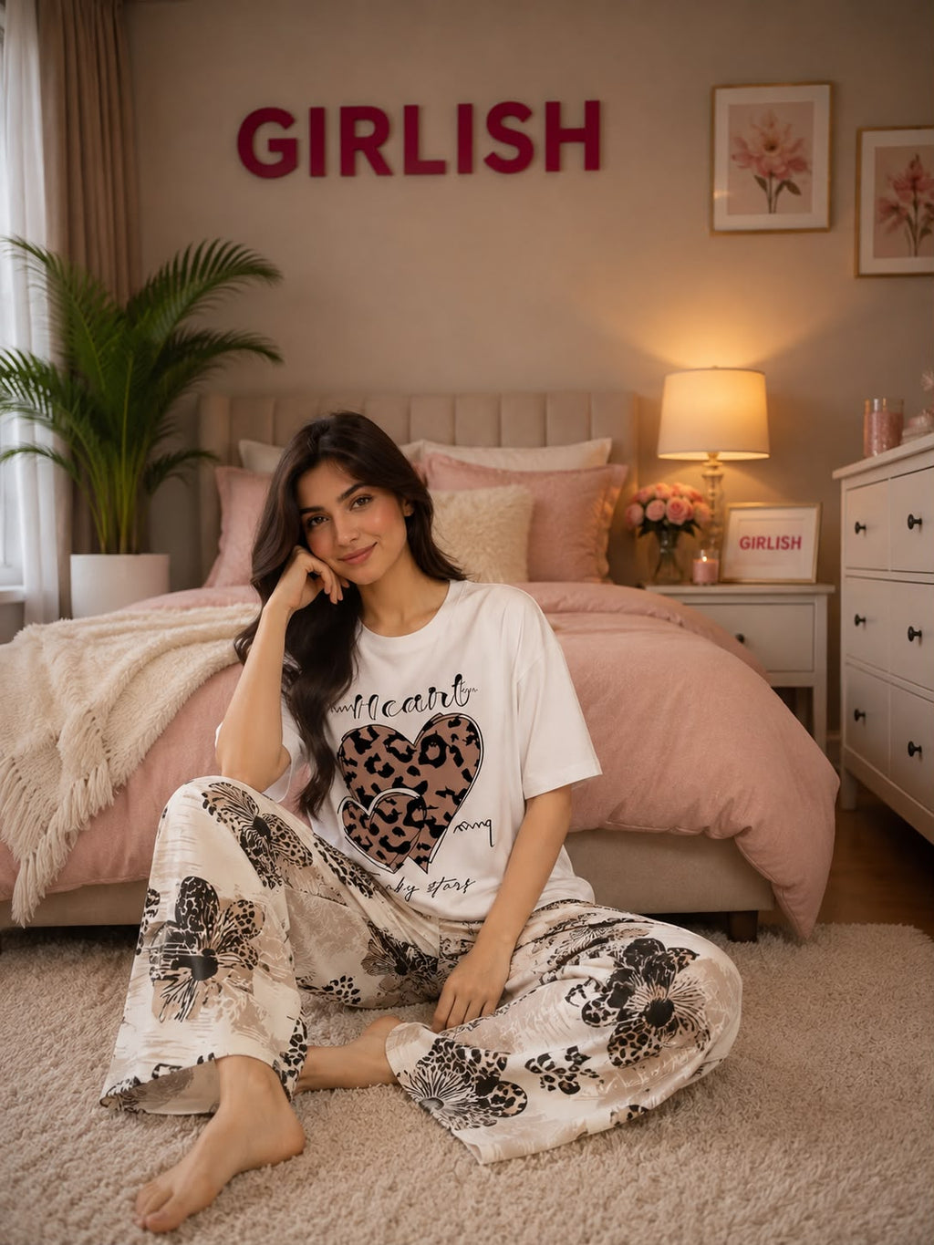 WhiteBrown Big Heart Trendy Cotton Jersey Pj Set