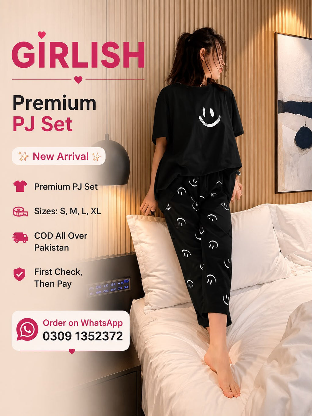 Black Smiley Trendy Cotton Jersey Pj Set