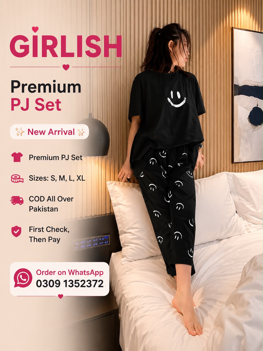 Black Smiley Trendy Cotton Jersey Pj Set