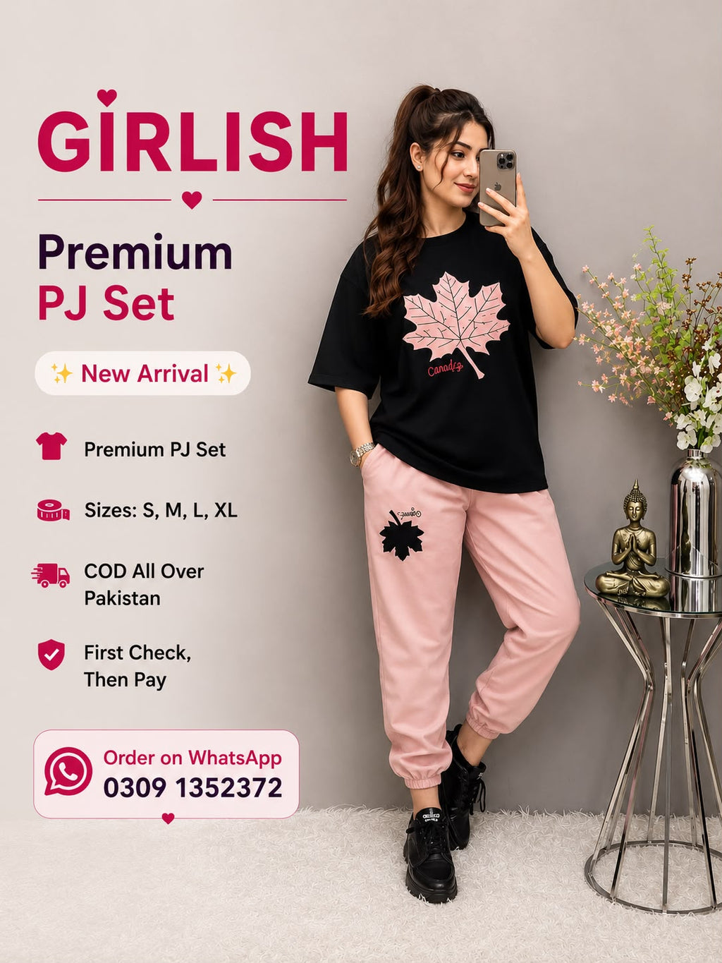 Pink Leaf Trendy Cotton Jersey Pj Set