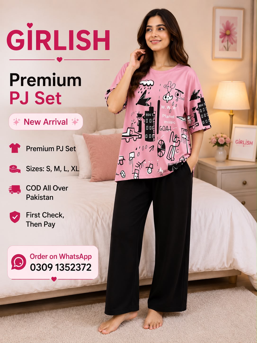 Pink Multi Trendy Cotton Jersey Pj Set