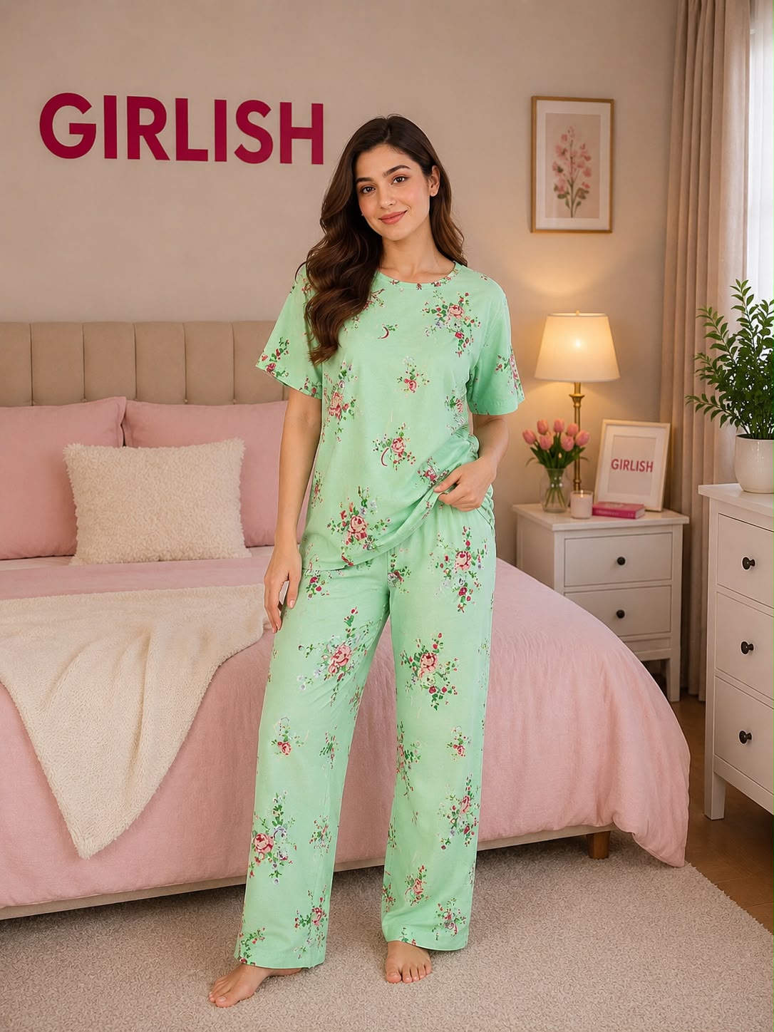 Green Flower Trendy Cotton Jersey Pj Set