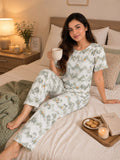 White Green Print Trendy Cotton Jersey Pj Set