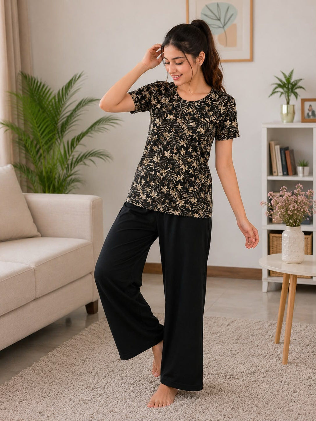 Black and beige floral pattern Trendy Cotton Jersey Pj Set