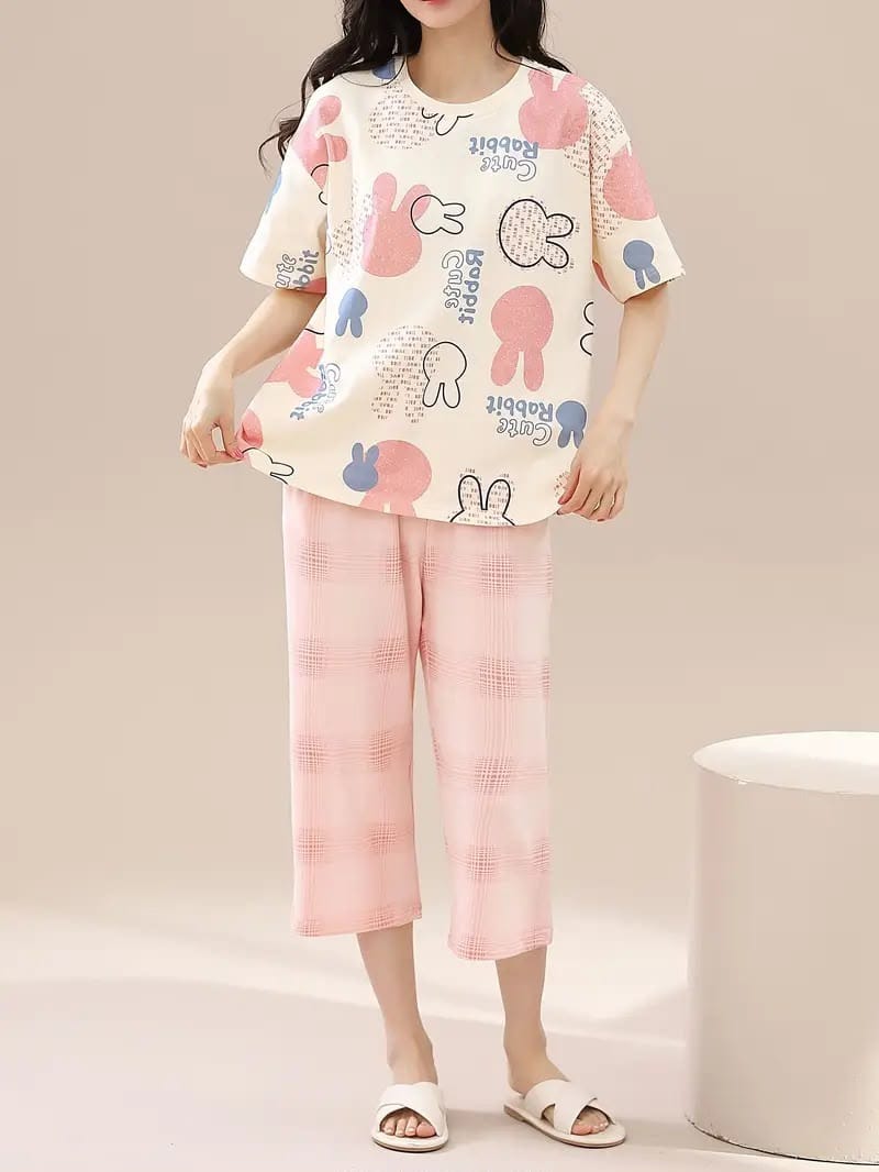 Pink White Rabbit Trendy Cotton Jersey Pj Set