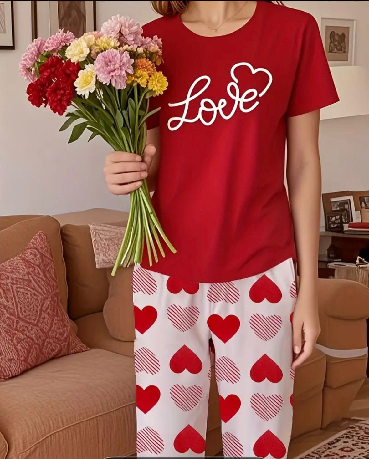 Red Love Heart Trendy Cotton Jersey Pj Set