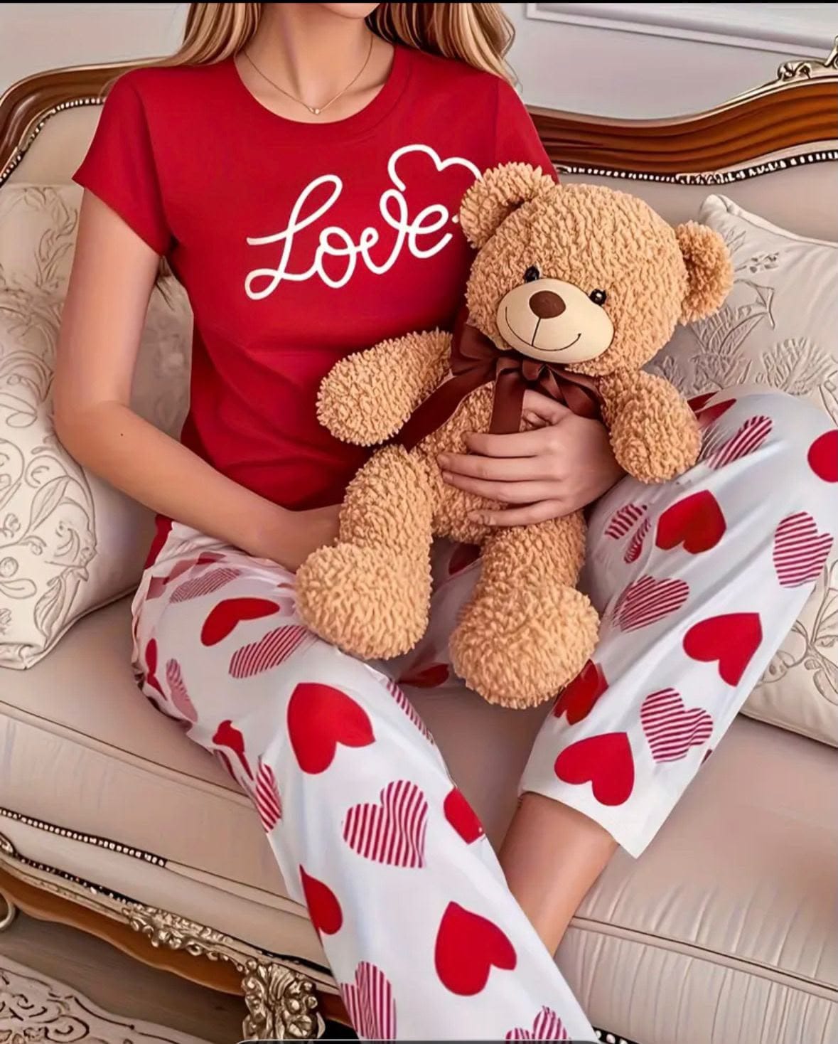 Red Love Heart Trendy Cotton Jersey Pj Set