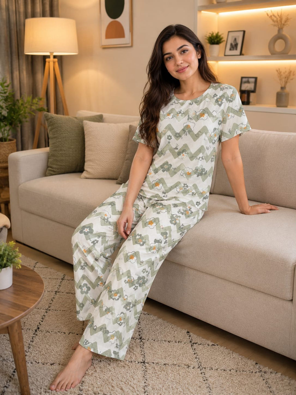 White Green Print Trendy Cotton Jersey Pj Set