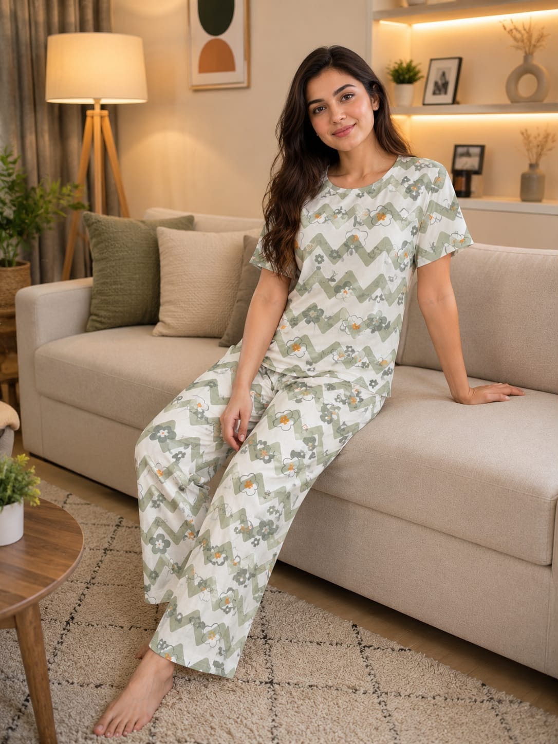 White Green Print Trendy Cotton Jersey Pj Set