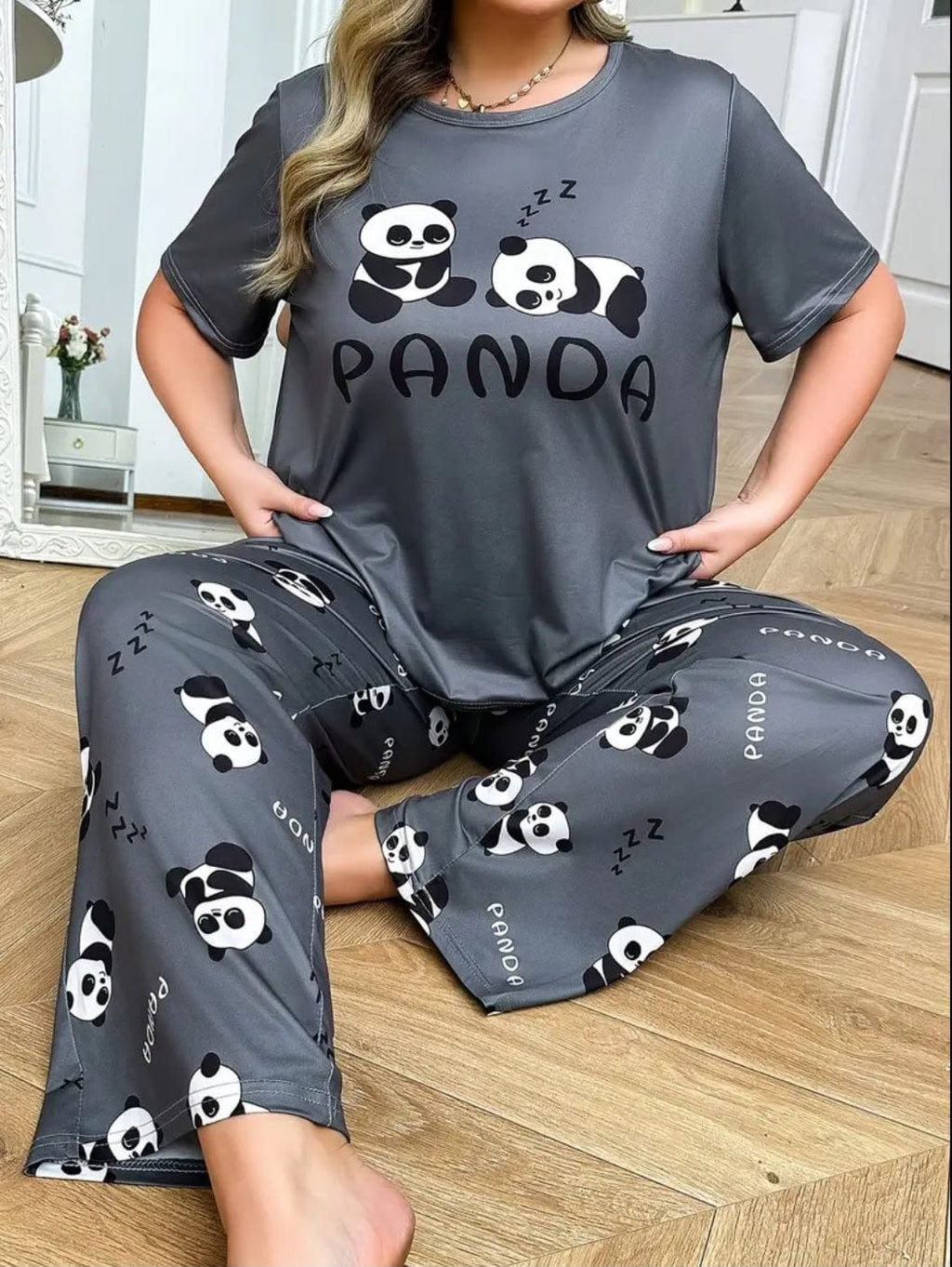 Grey Panda Print Trendy Cotton Jersey Pj Set