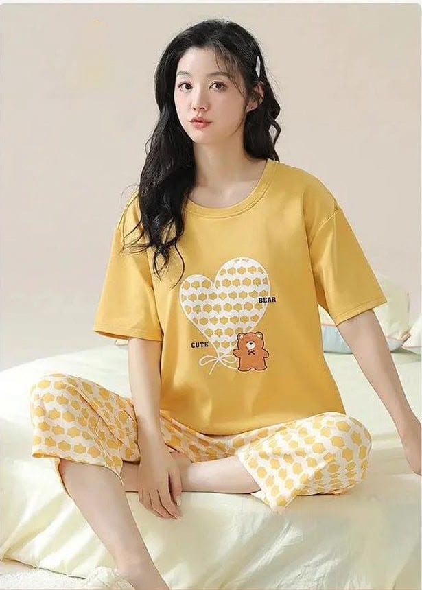 Yellow Heart Print Trendy Cotton Jersey Pj Set