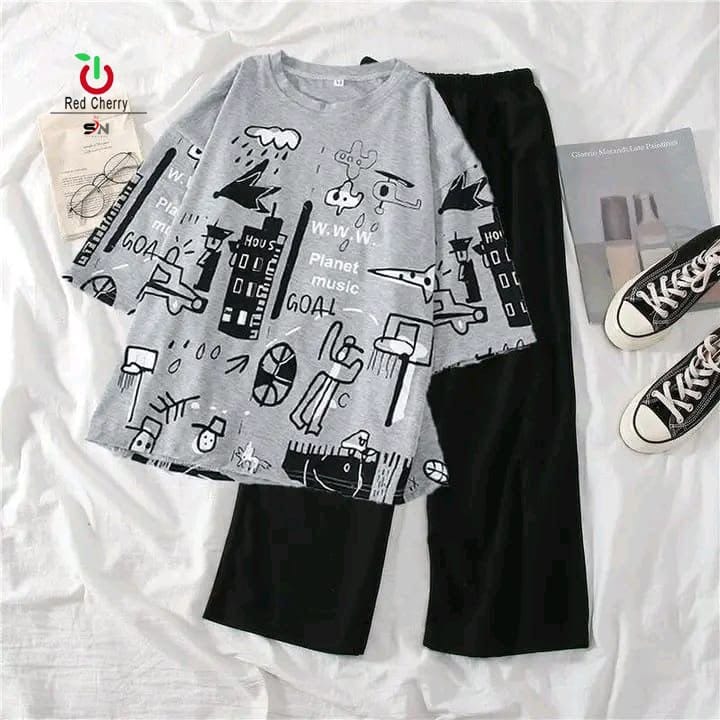 Grey Multi Print Trendy Cotton Jersey Pj Set