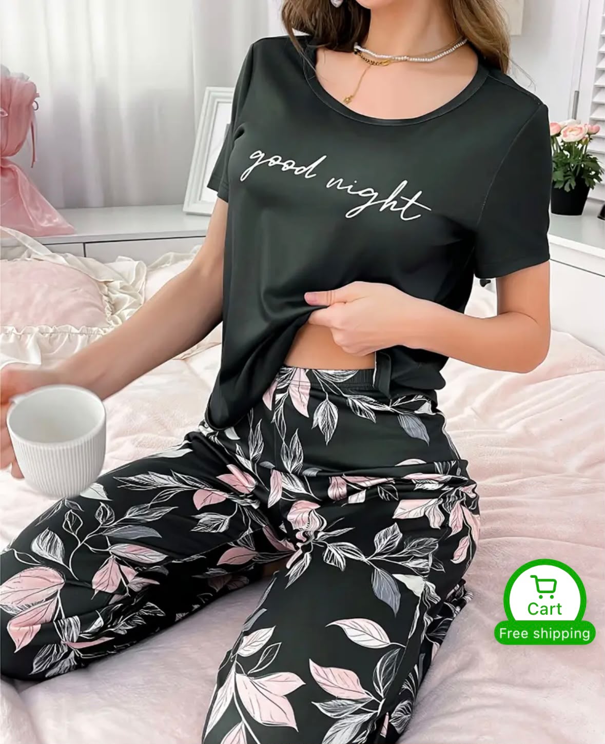 Black Good Night Trendy Cotton Jersey Pj Set
