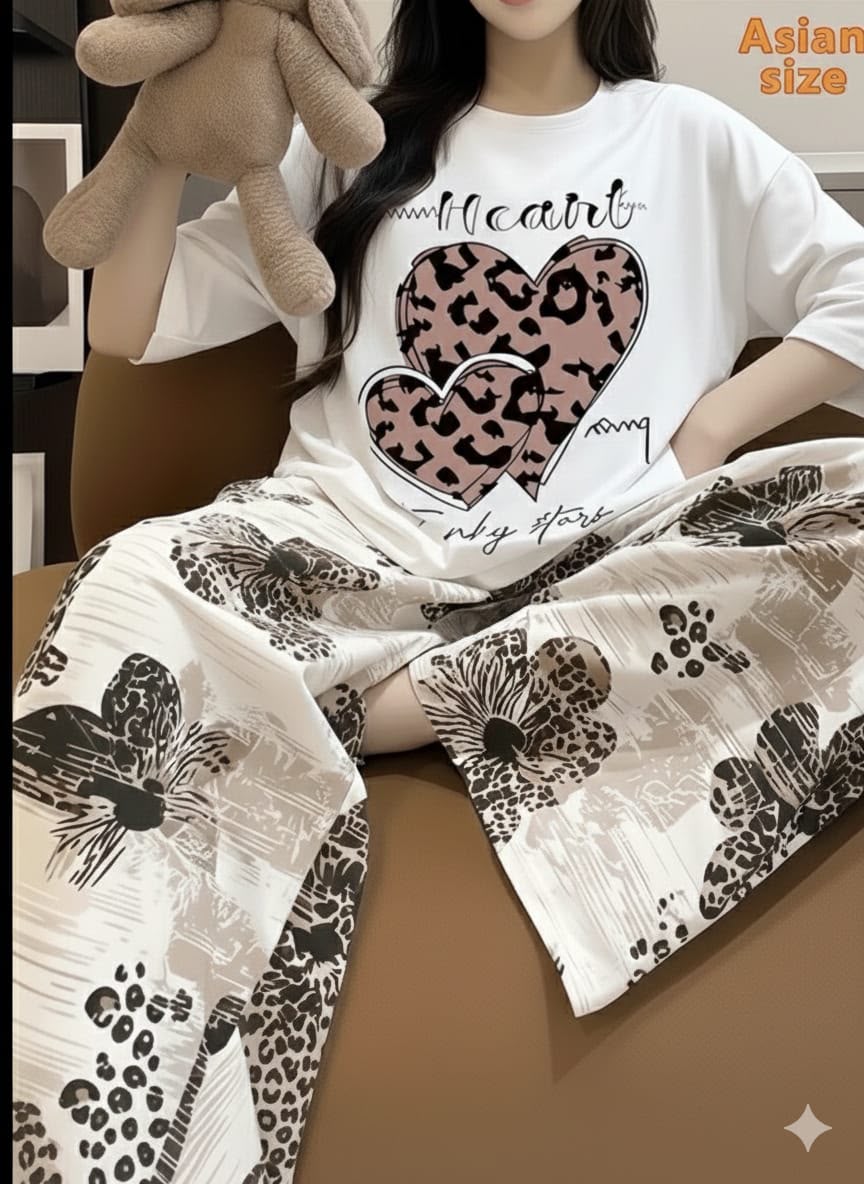WhiteBrown Big Heart Trendy Cotton Jersey Pj Set