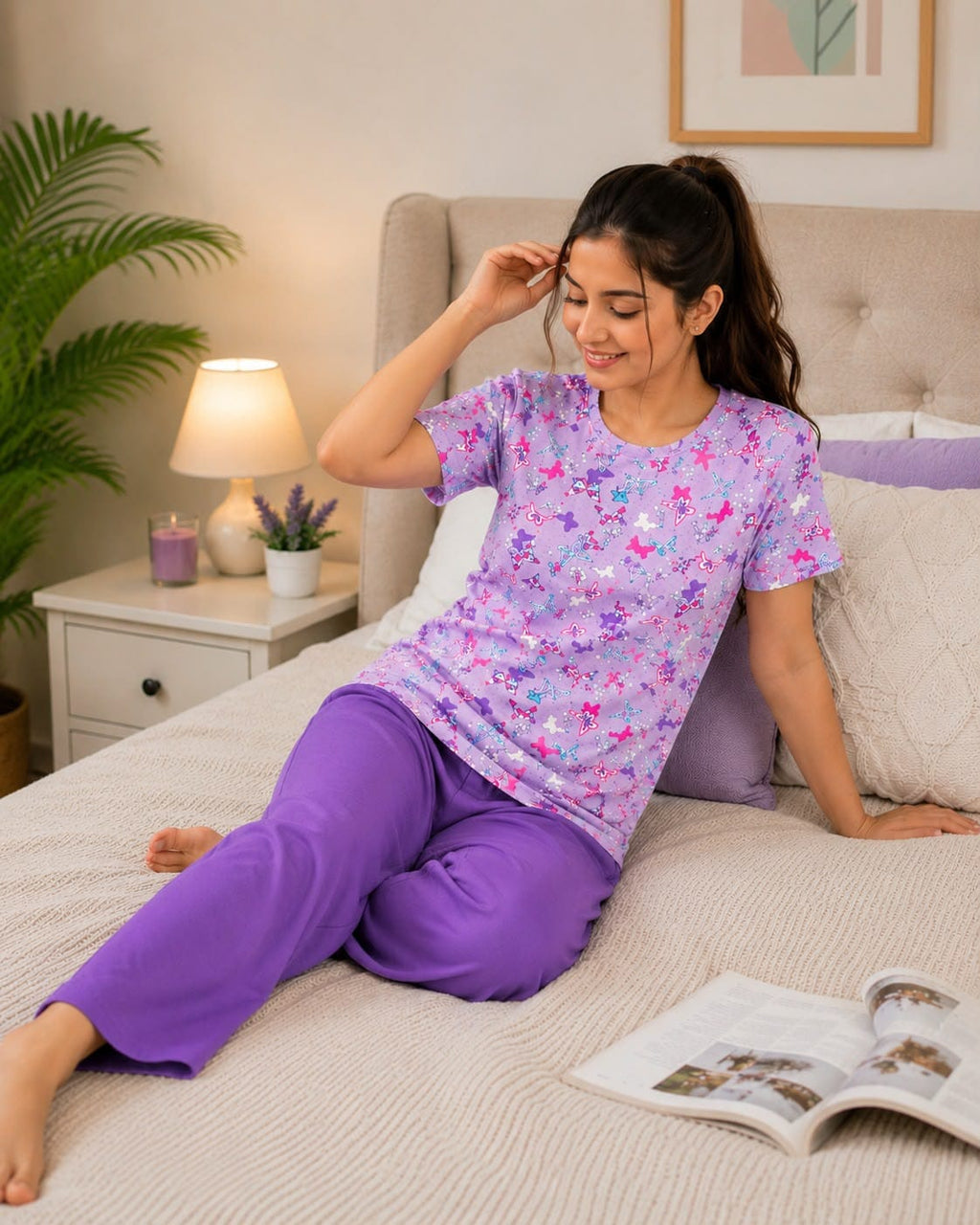 Colorful butterfly  Print Trendy Cotton Jersey Pj Set