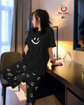 Black Smiley Trendy Cotton Jersey Pj Set