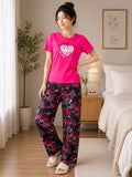 White and pink heart graphic Print Trendy Cotton Jersey Pj Set