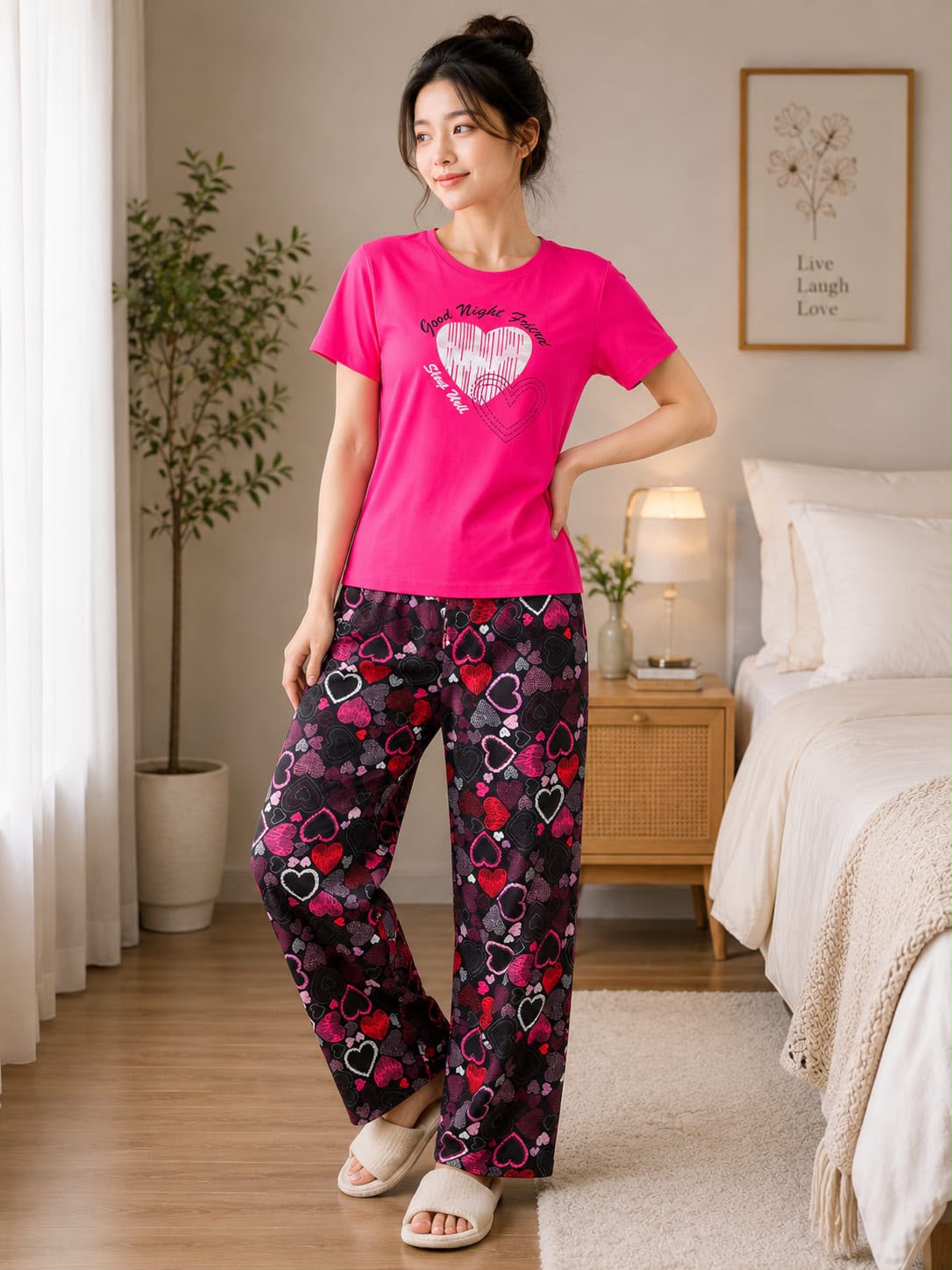 White and pink heart graphic Print Trendy Cotton Jersey Pj Set