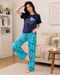 Navy blue short-sleeve top with a colorful floral pajama  Print Trendy Cotton Jersey Pj Set