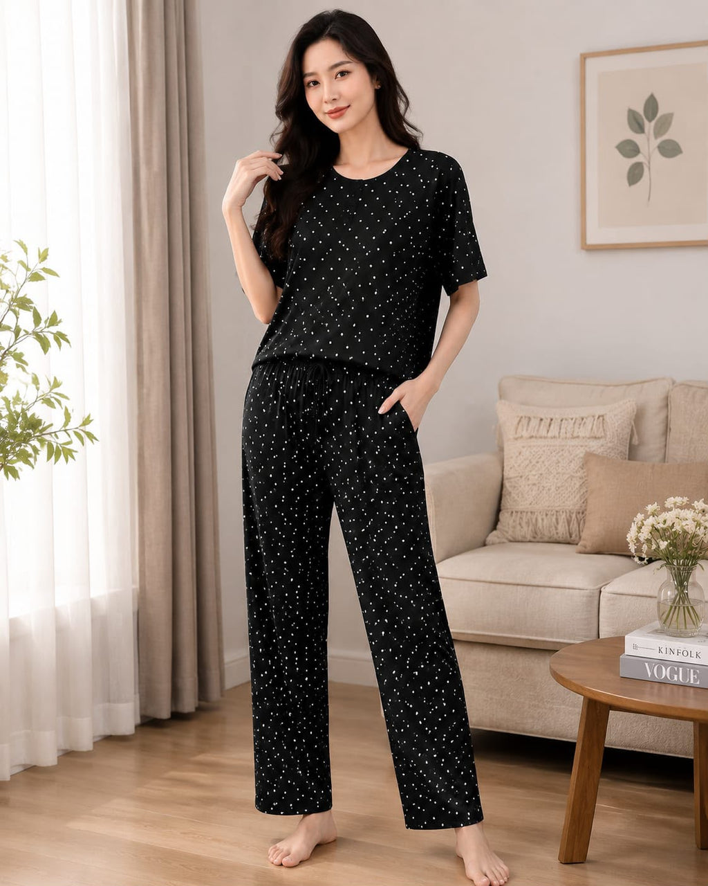 Black polka Trendy Cotton Jersey Pj Set