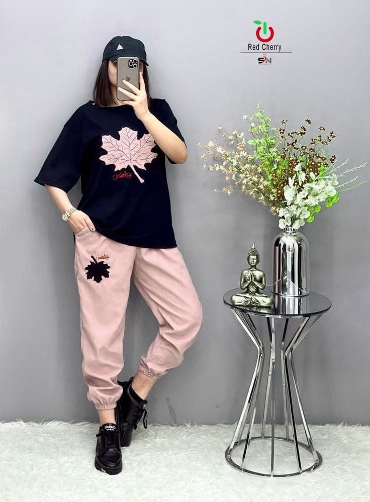 Pink Leaf Trendy Cotton Jersey Pj Set
