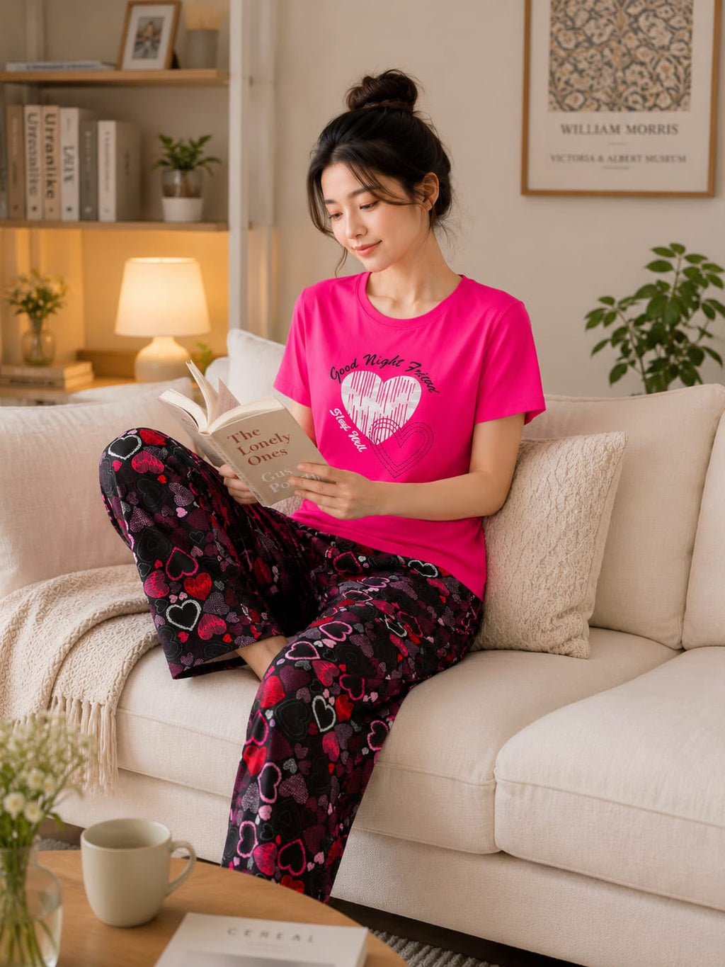 White and pink heart graphic Print Trendy Cotton Jersey Pj Set