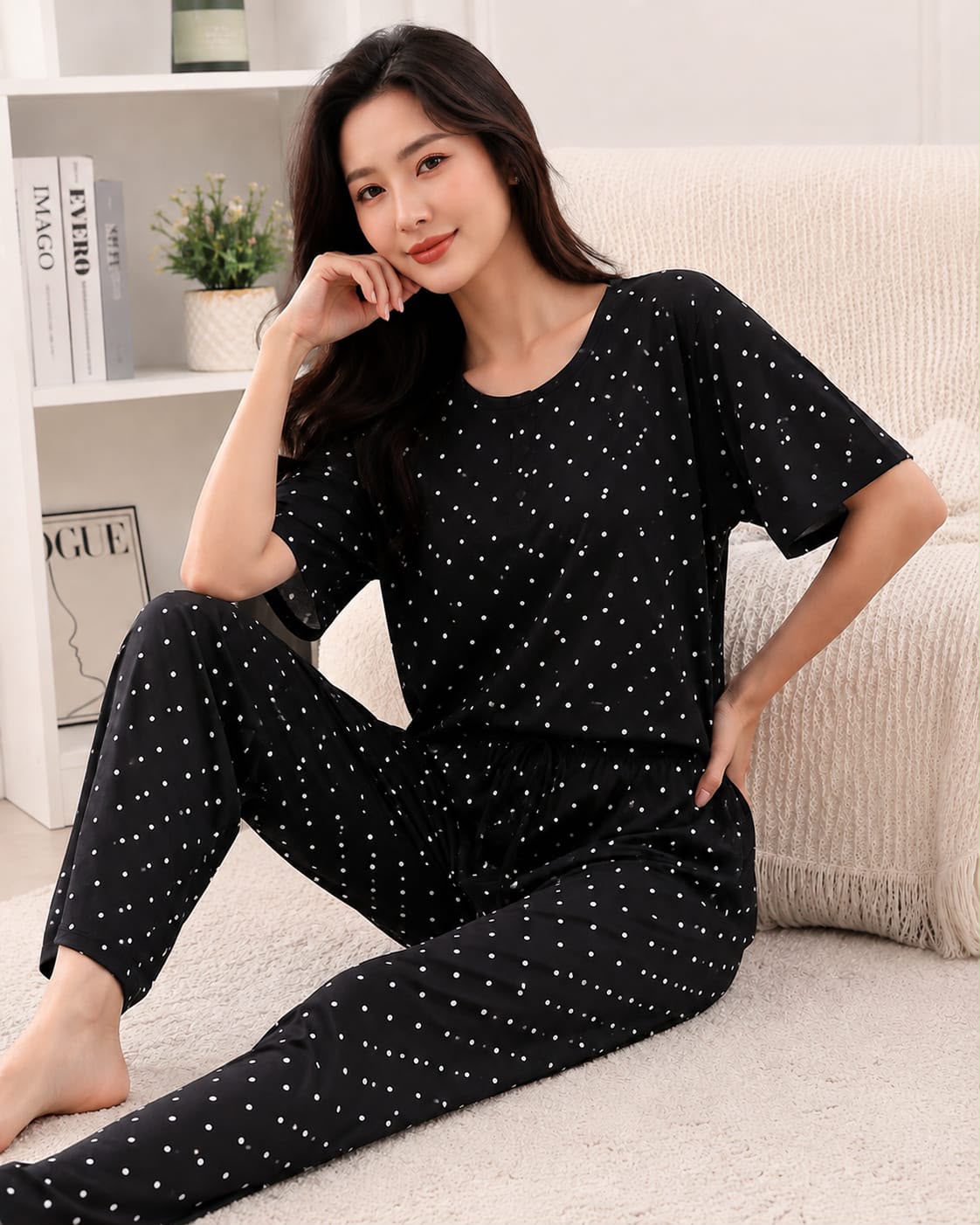 Black polka Trendy Cotton Jersey Pj Set