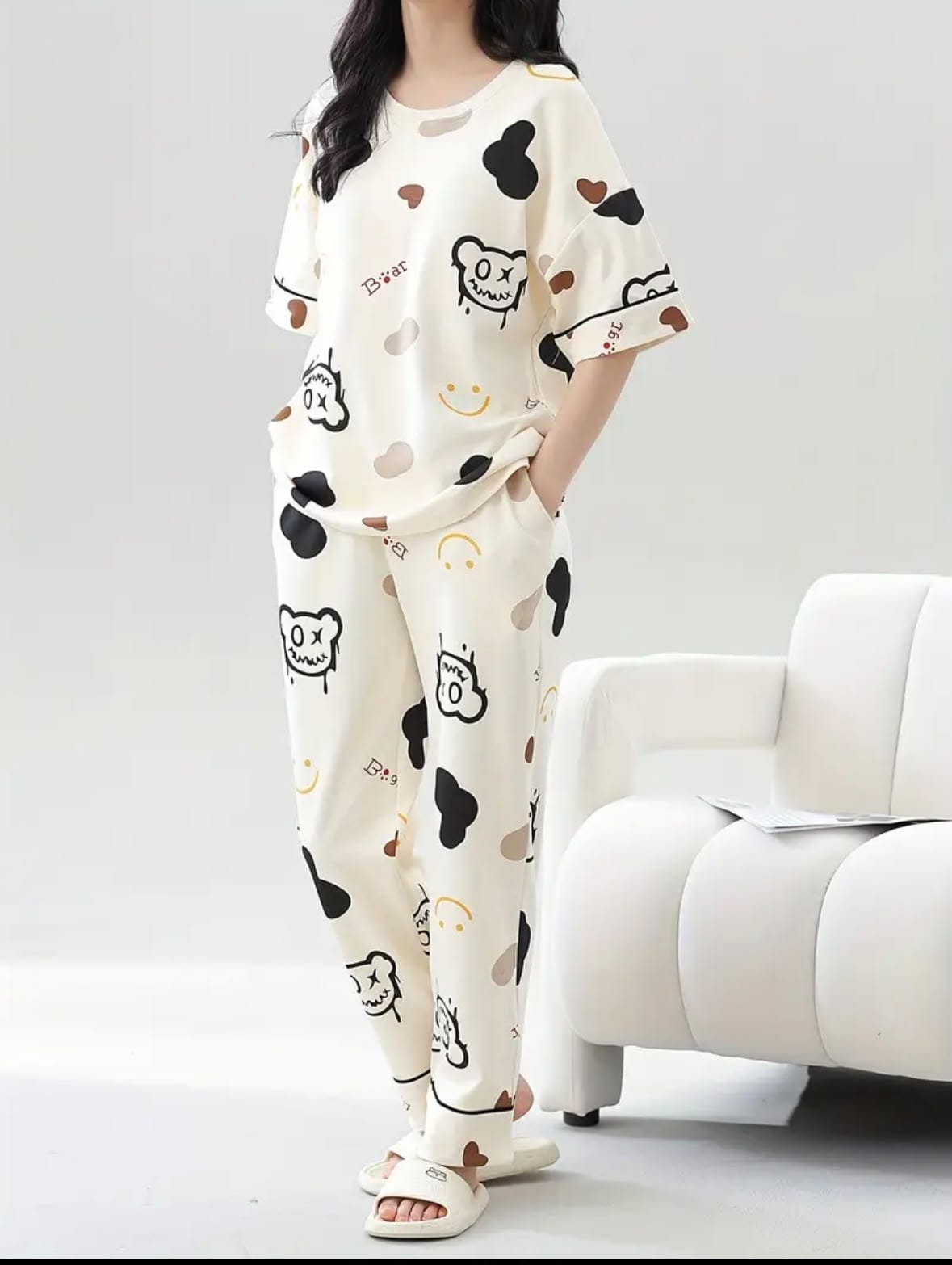 Playful White Trendy Cotton Jersey Pj Set