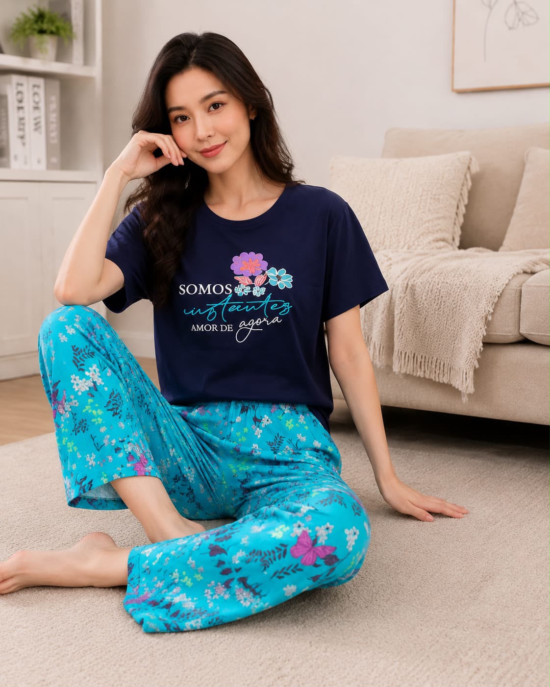 Navy blue short-sleeve top with a colorful floral pajama  Print Trendy Cotton Jersey Pj Set