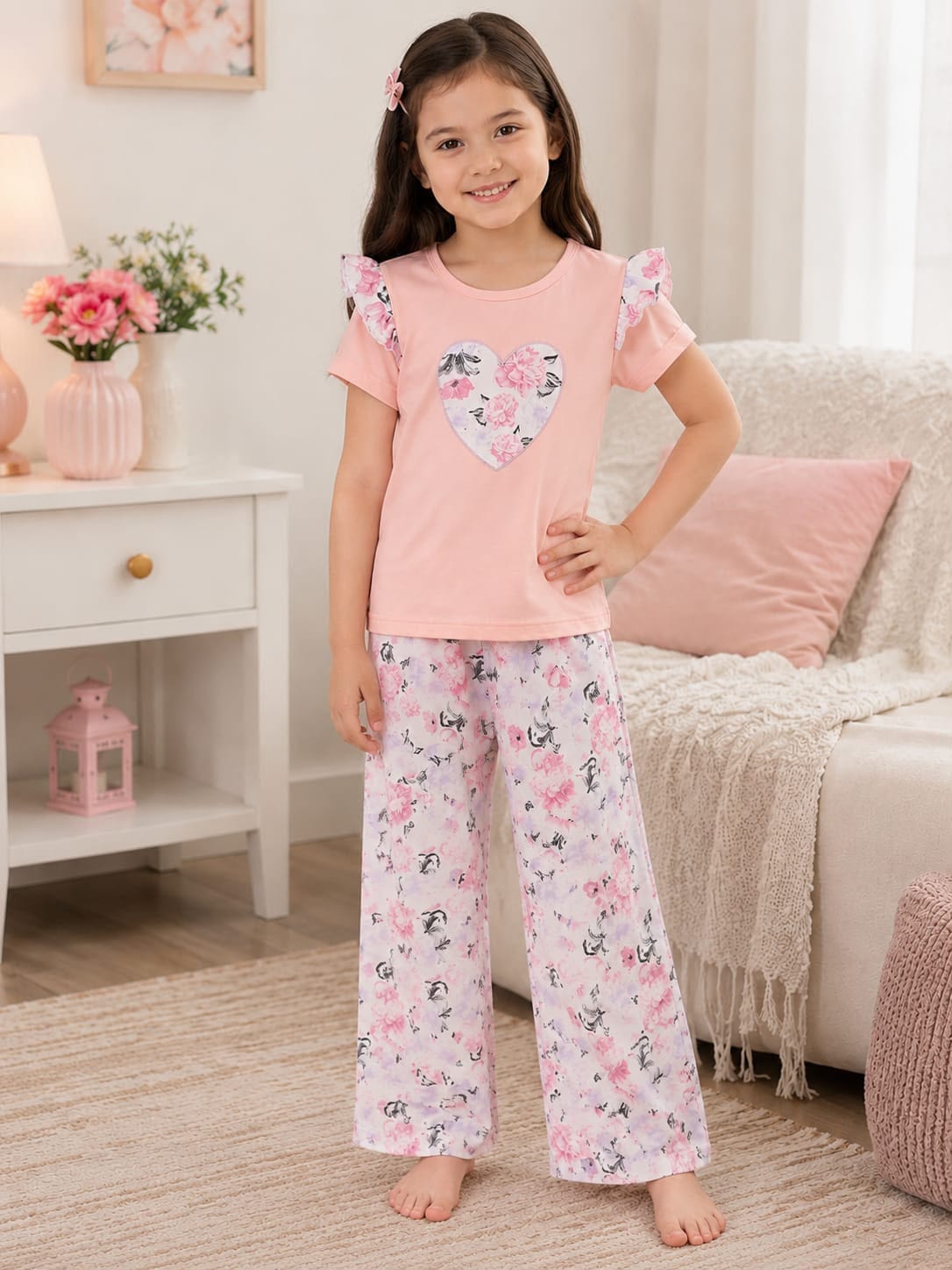 Pink White Flowers Kids Cozy Cotton Jersey PJ Set