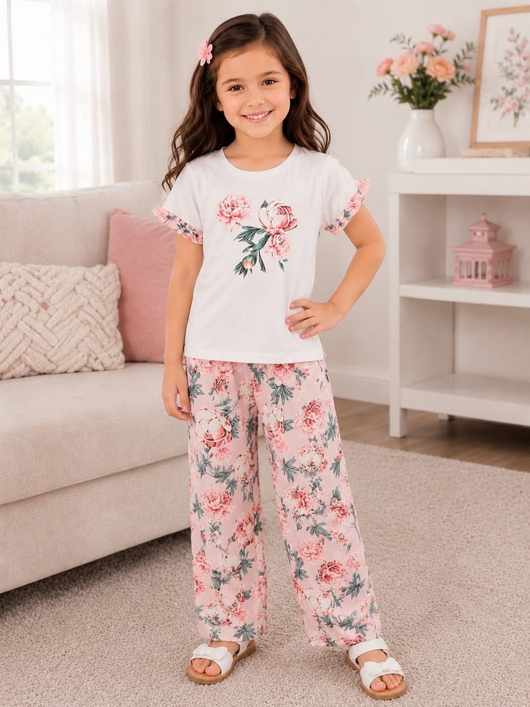 White Flowers Kids Cozy Cotton Jersey PJ Set