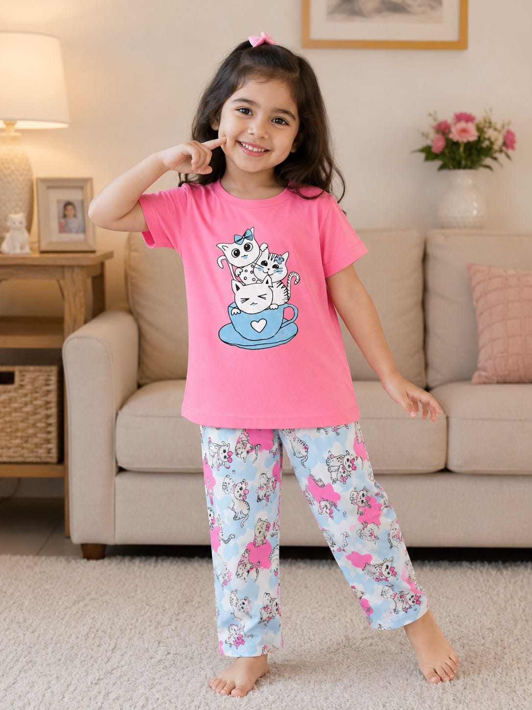 Cats in Pink Kids Cozy Cotton Jersey PJ Set