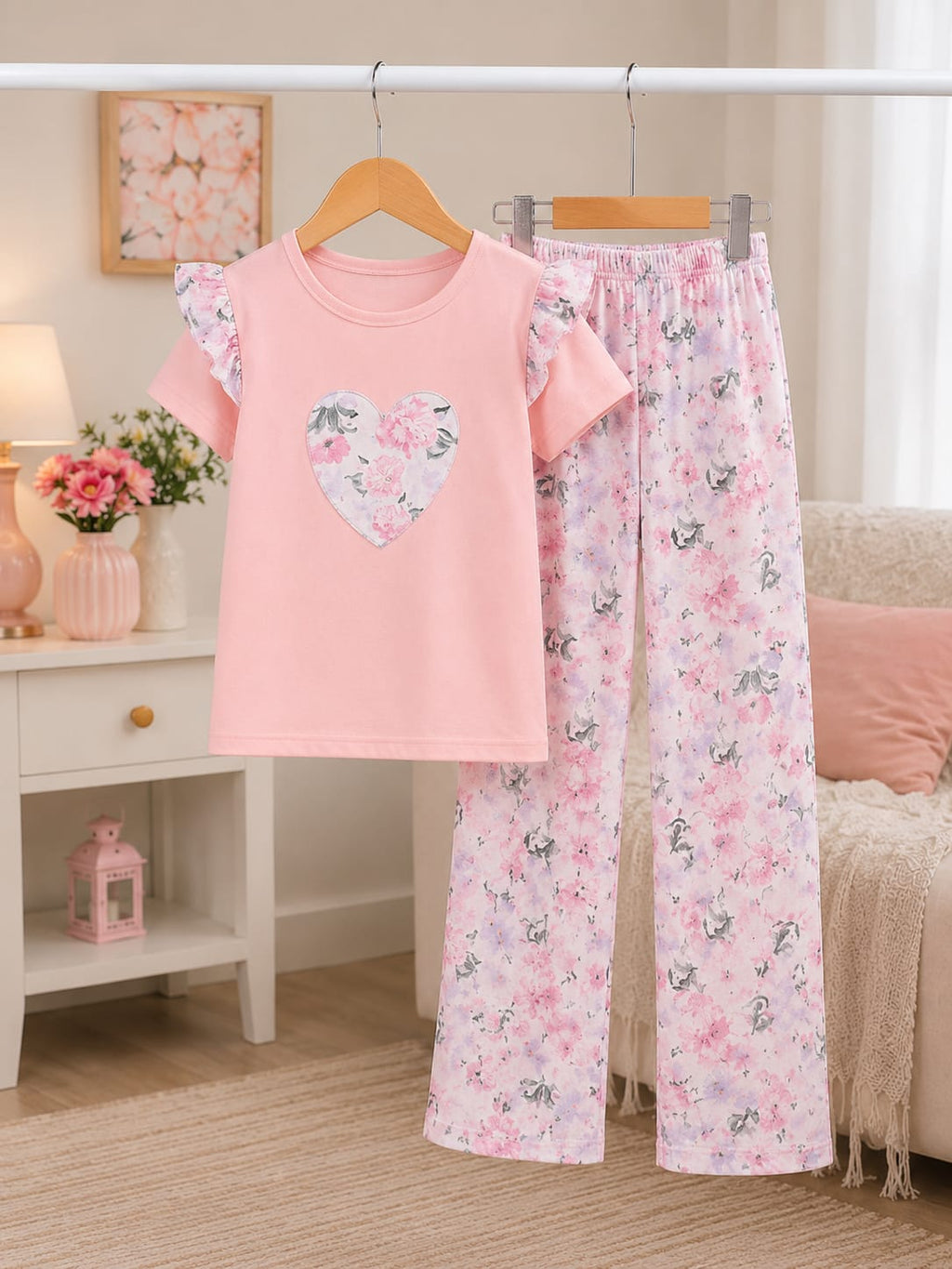 Pink White Flowers Kids Cozy Cotton Jersey PJ Set