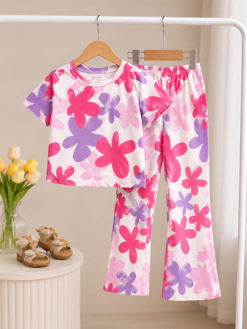 Pink Flowers Kids Cozy Cotton Jersey PJ Set