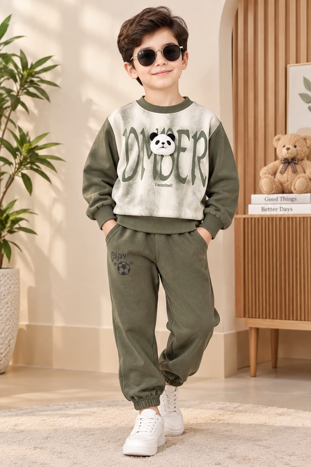 Green Panda Print  Winter Track Suit For Kids