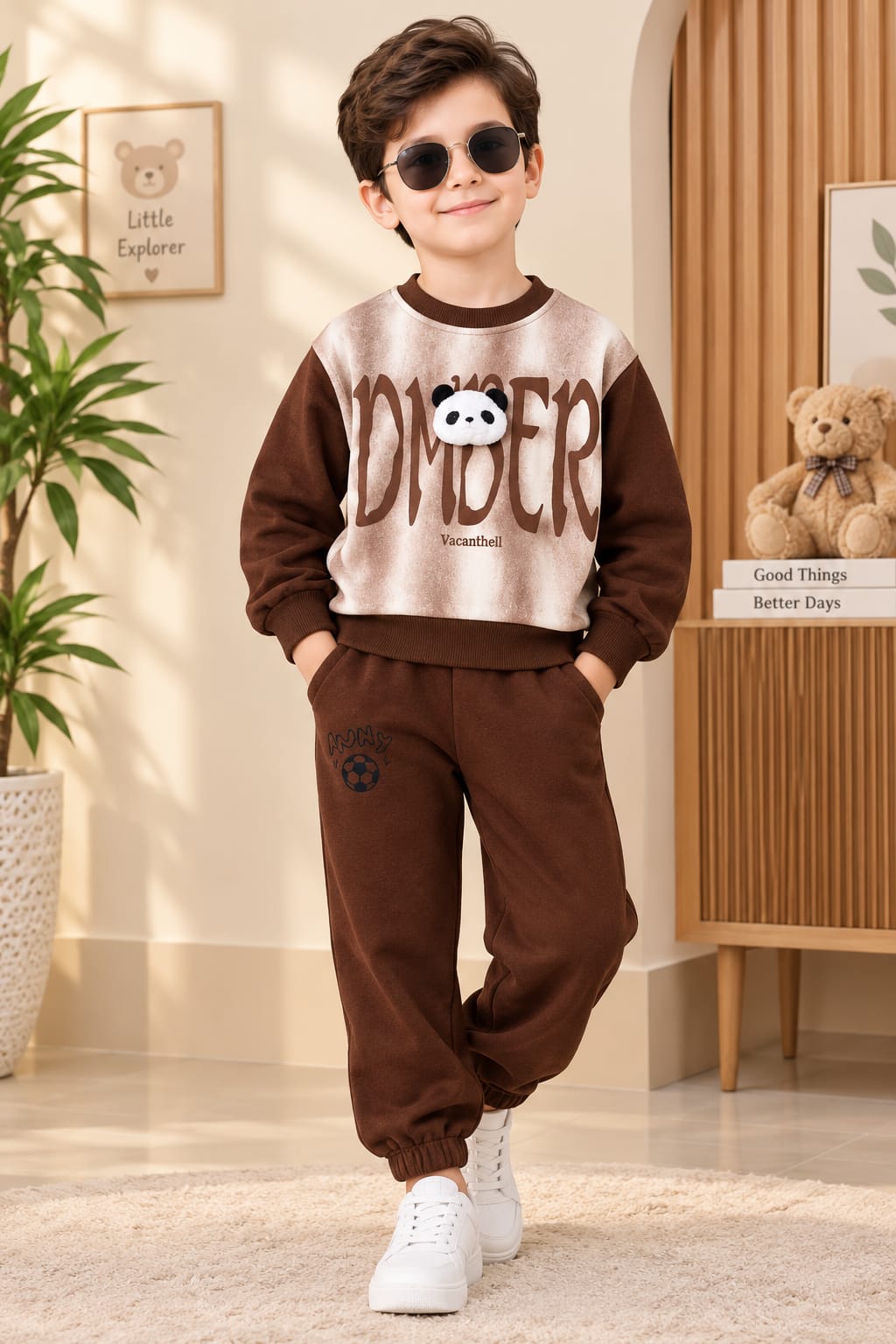 Brown Panda Print  Winter Track Suit For Kids