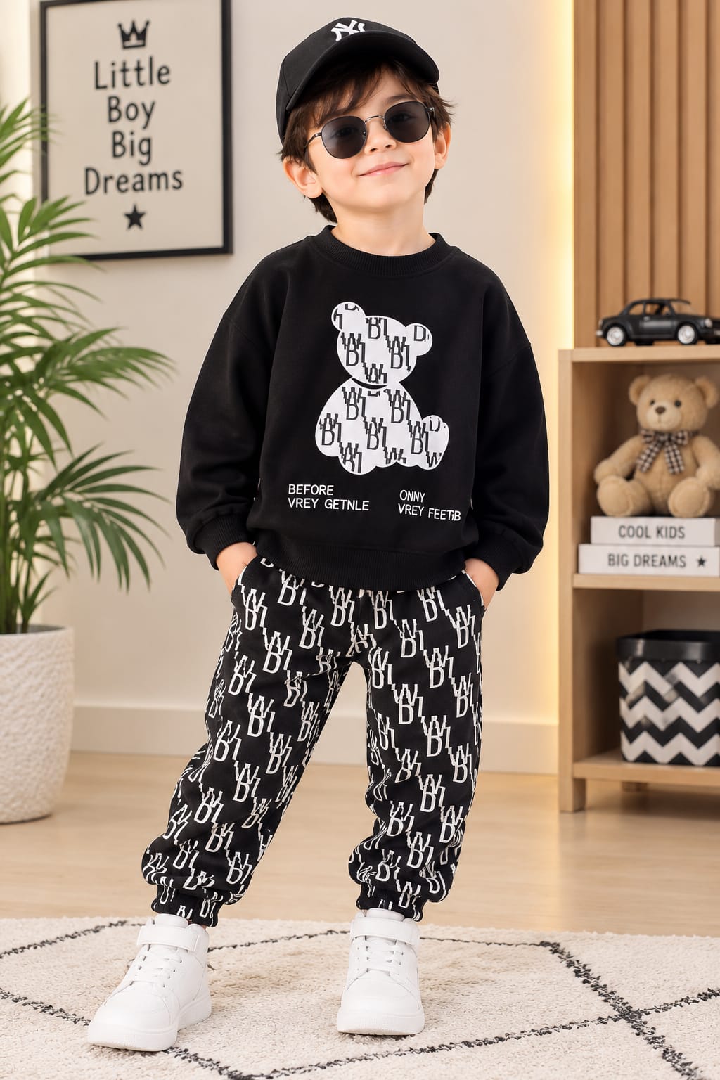 Black Bear Print Winter Track Suit For Kids