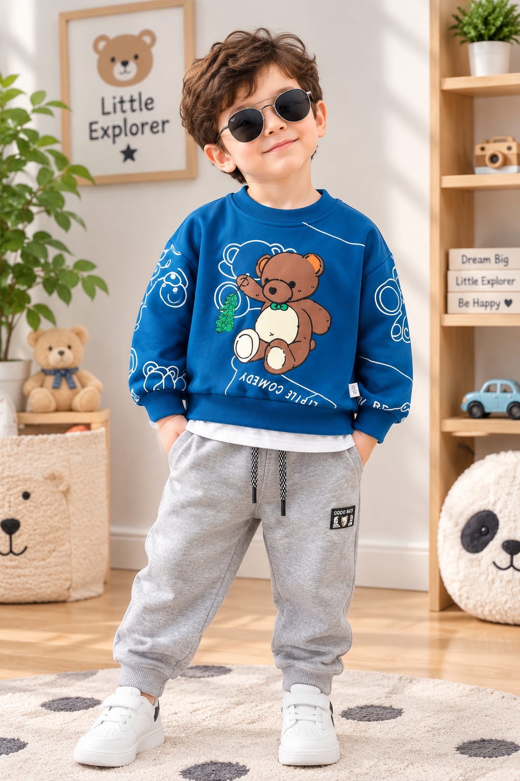 Blue Bear Print Winter Track Suit For Kids