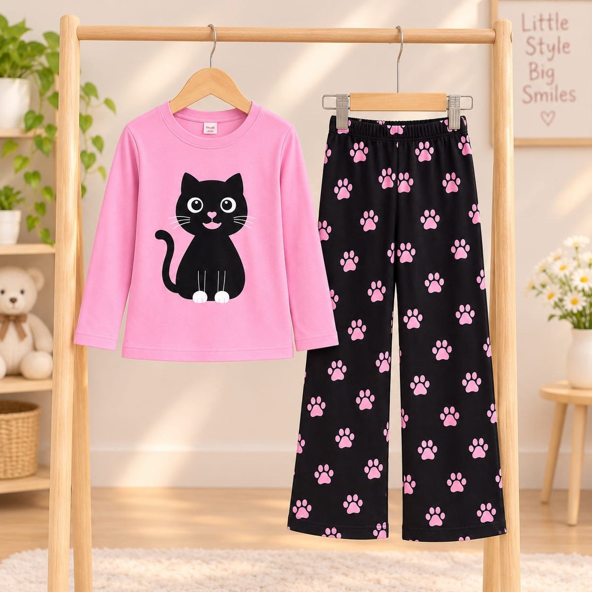 Pink Cat Printed Kids Cozy Cotton Jersey Kids Wear