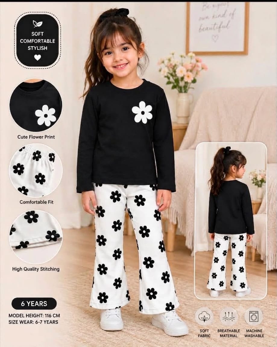 Black Flowers Printed Kids Cozy Cotton Jersey Kids Wear