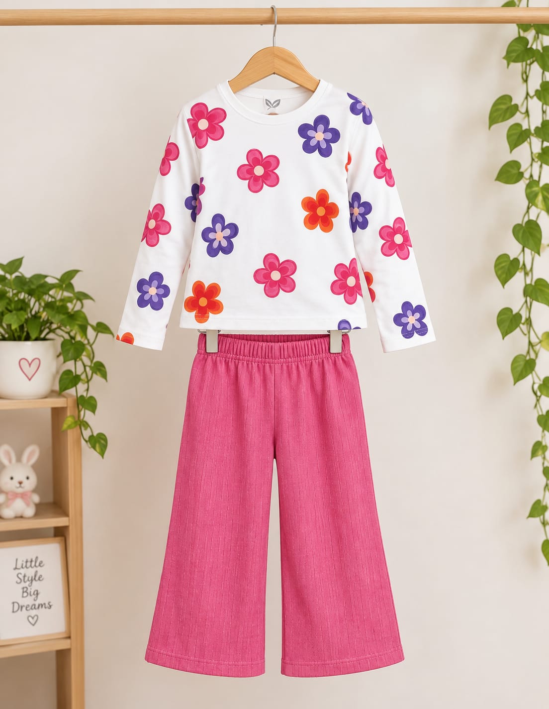 White Pink Flowers Printed Kids Cozy Cotton Jersey Kids Wear