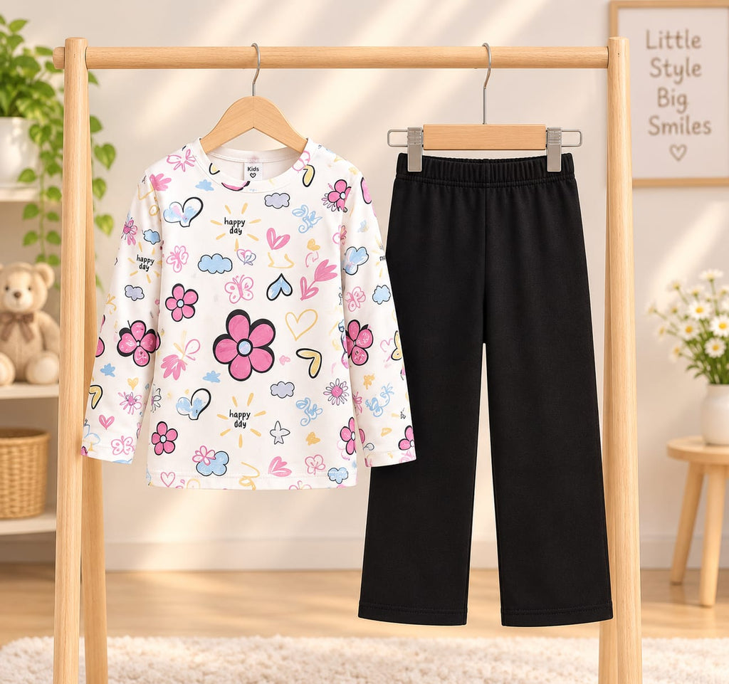 White Black Flowers Printed Kids Cozy Cotton Jersey Kids Wear